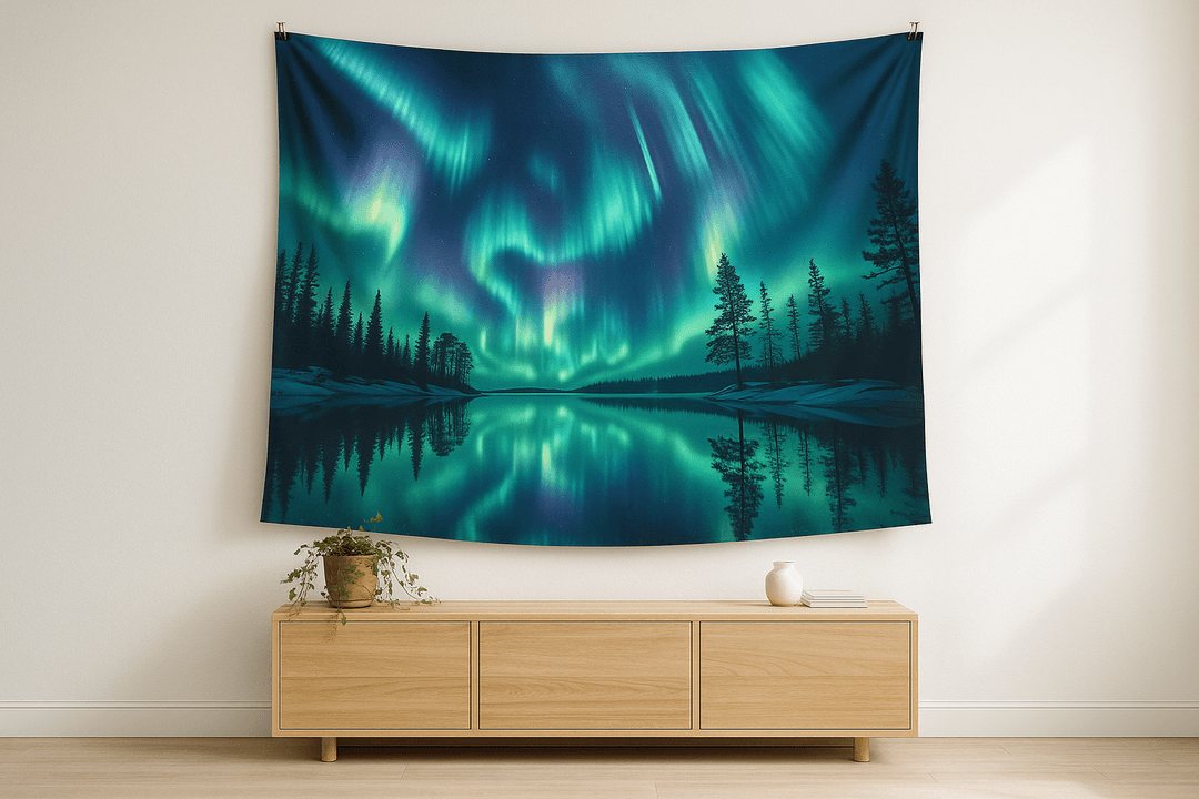 Arctic Glow tapestry wall hanging mockup