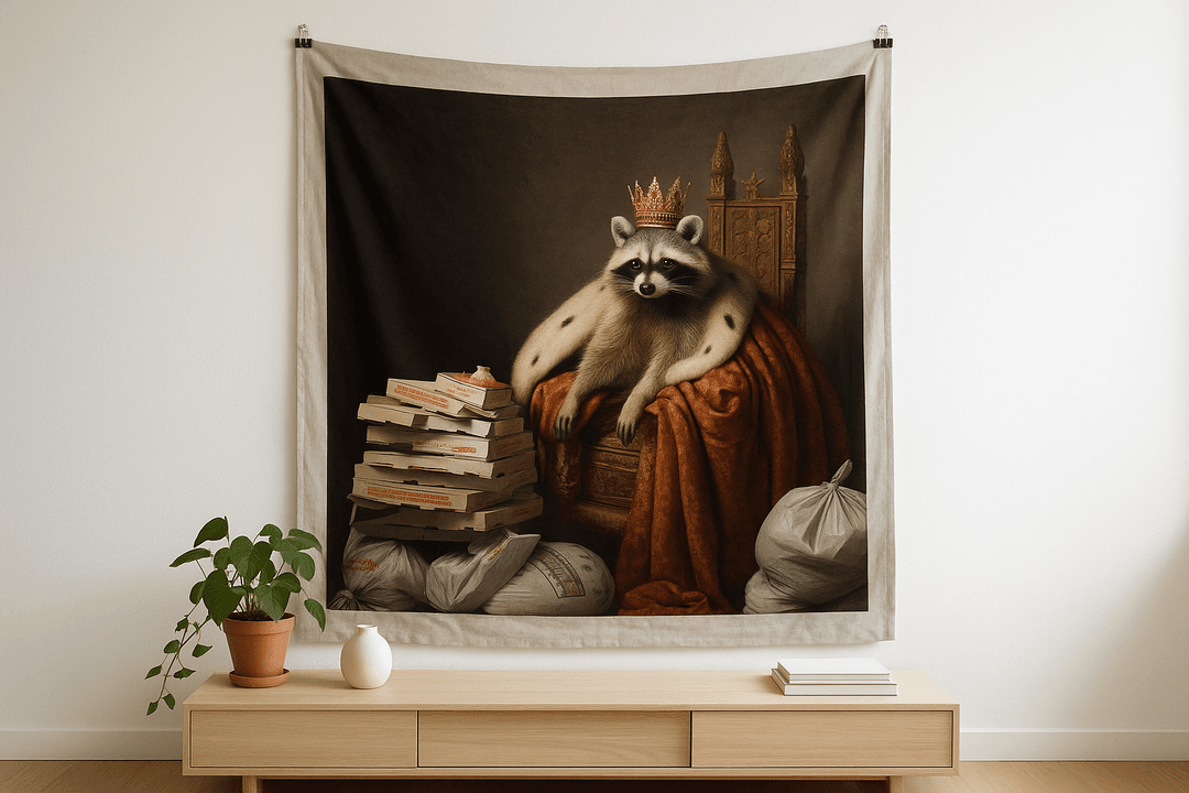 Trash King tapestry wall hanging mockup