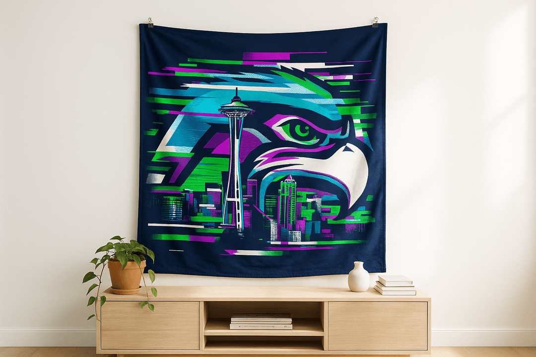 Hawk Glitch tapestry wall hanging mockup