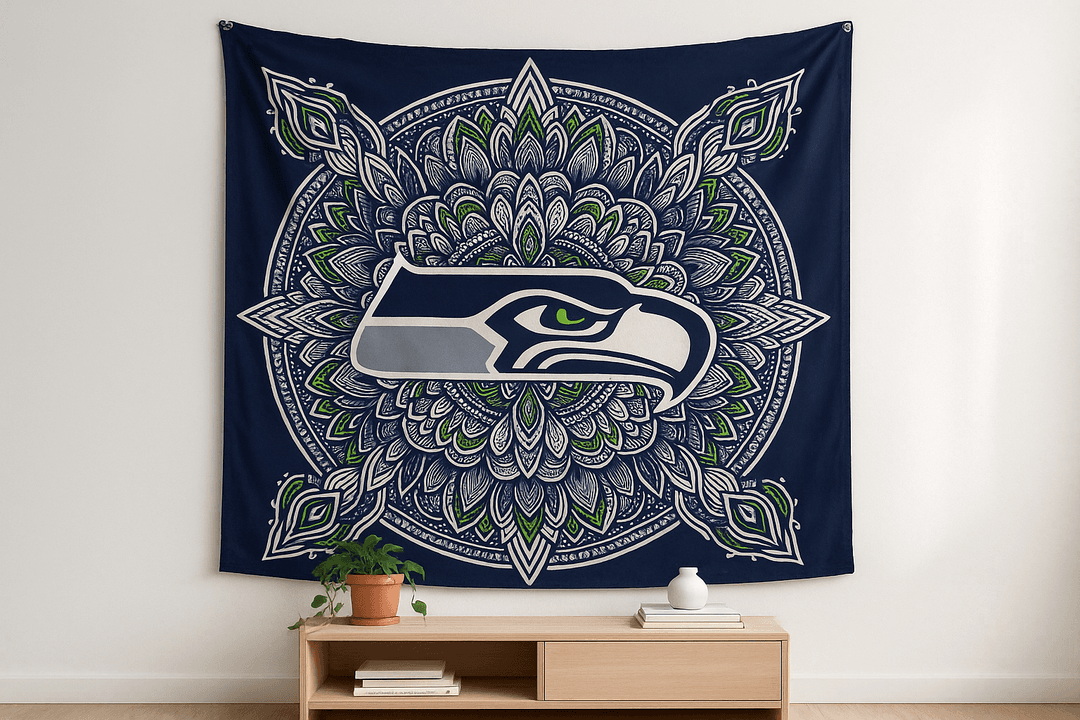 Hawk Mandala tapestry wall hanging mockup