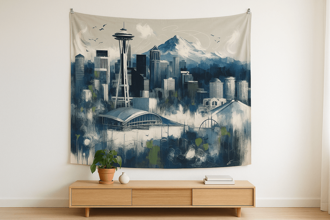 Painted Seattle tapestry wall hanging mockup